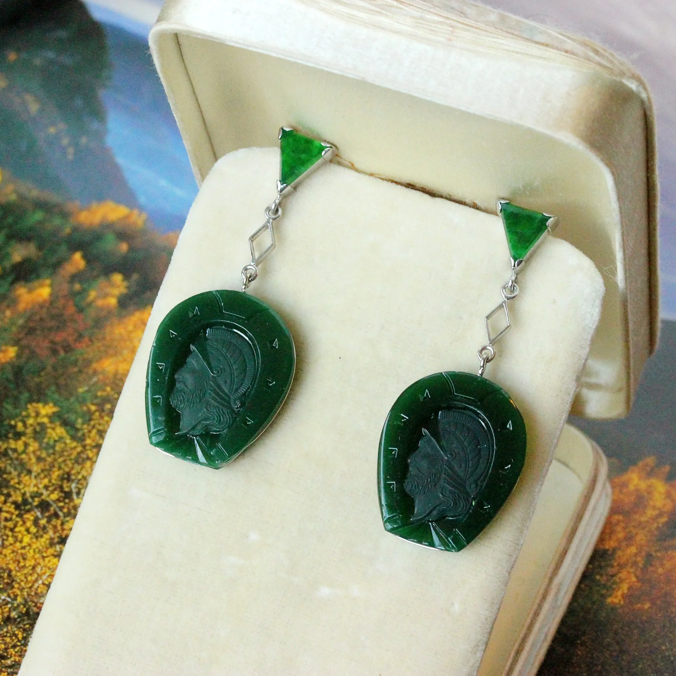 Vintage Green Onyx Intaglio & Jade Trillion Earrings, 14k