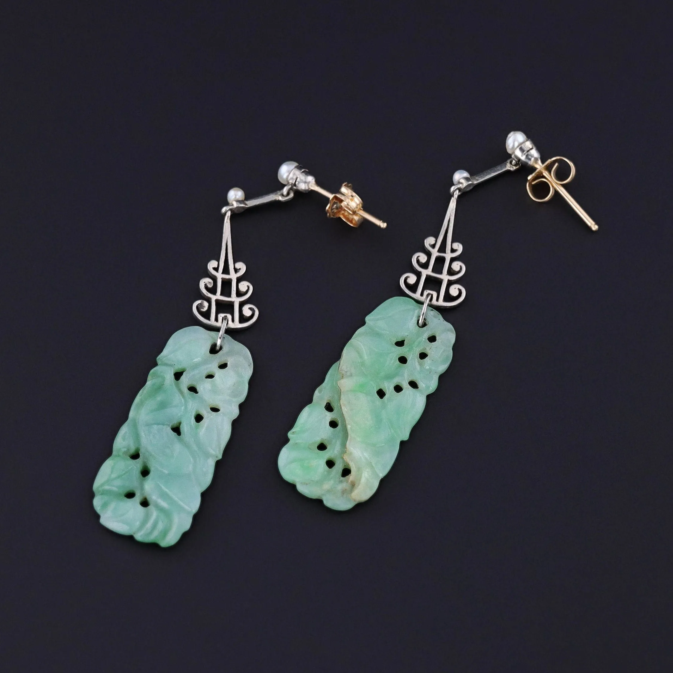 Vintage Jadeite Jade Earrings of 14k Gold and Platinum