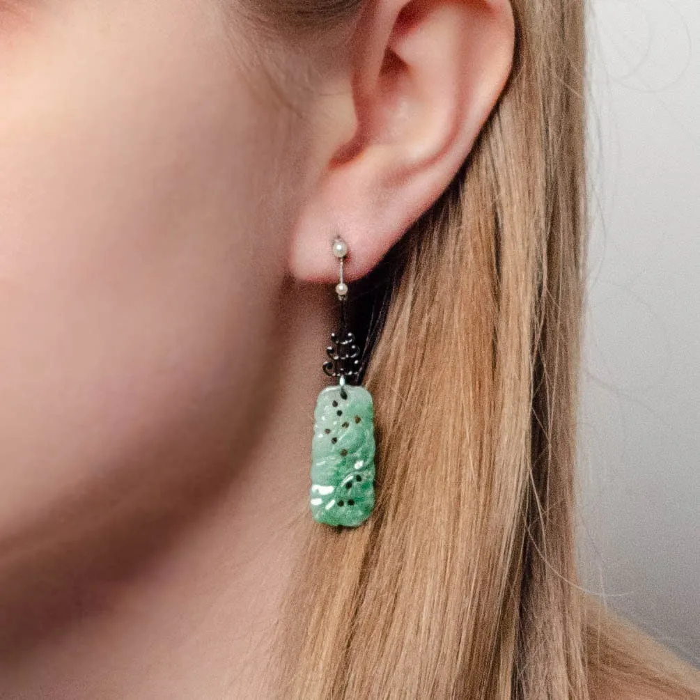 Vintage Jadeite Jade Earrings of 14k Gold and Platinum