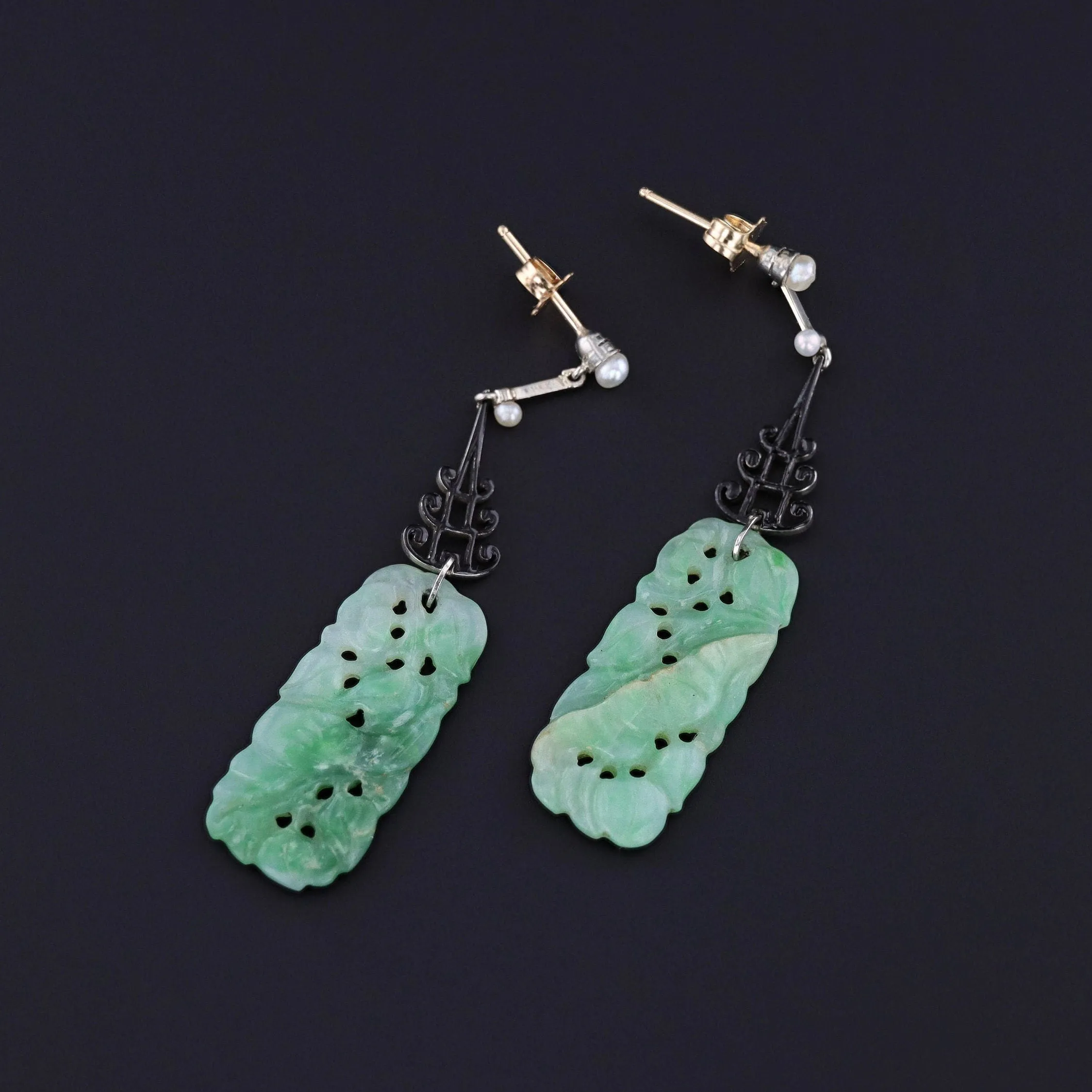 Vintage Jadeite Jade Earrings of 14k Gold and Platinum