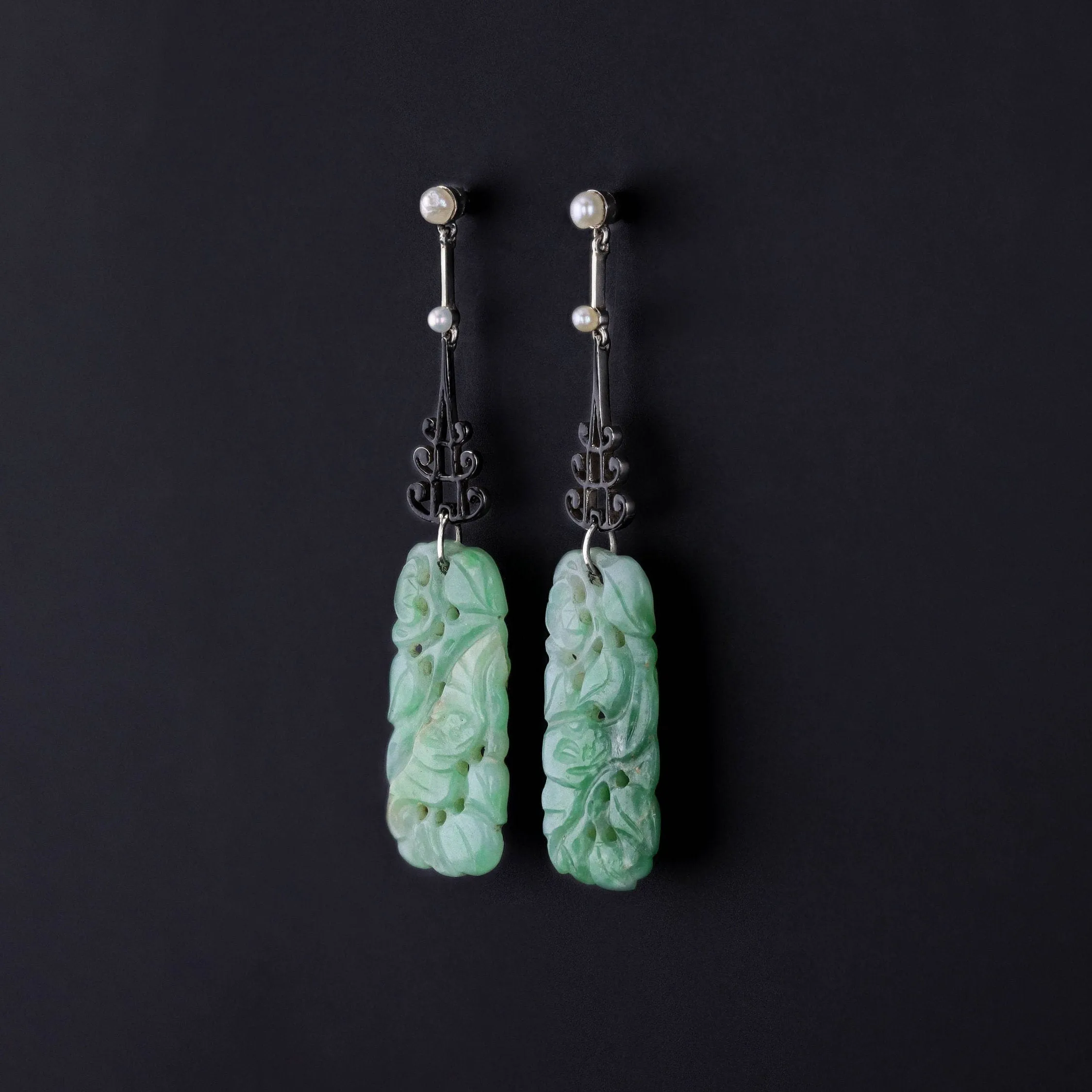 Vintage Jadeite Jade Earrings of 14k Gold and Platinum