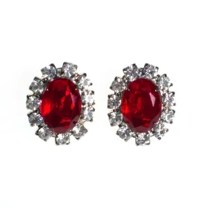 Vintage Ruby Red Rhinestone Statement Earrings, Diamante Crystals, Silver Tone Setting, Clip-on