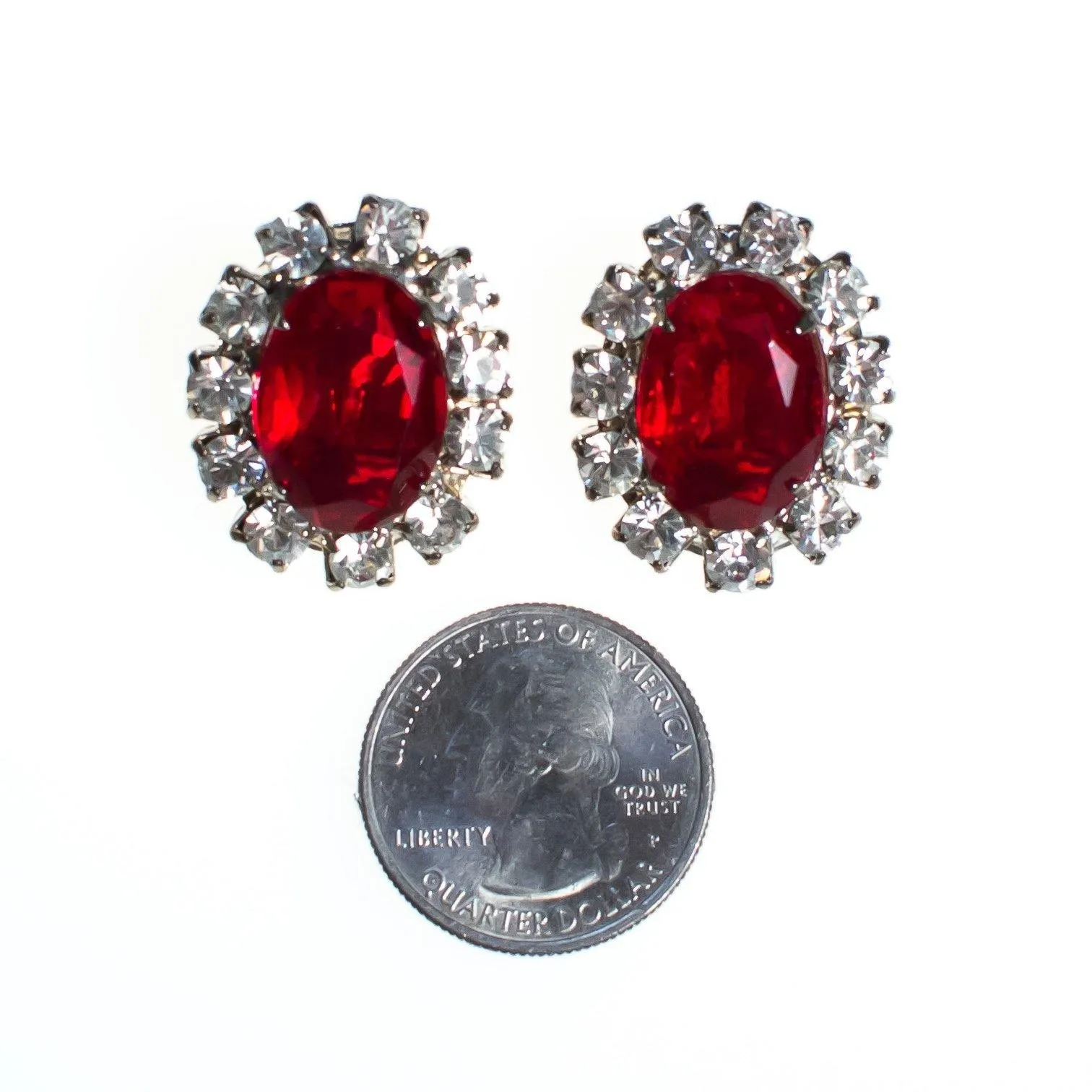 Vintage Ruby Red Rhinestone Statement Earrings, Diamante Crystals, Silver Tone Setting, Clip-on