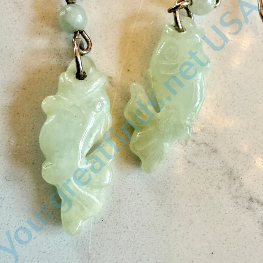 Vintage Sterling Silver & Pale Green Jade Fish Pierced Earrings