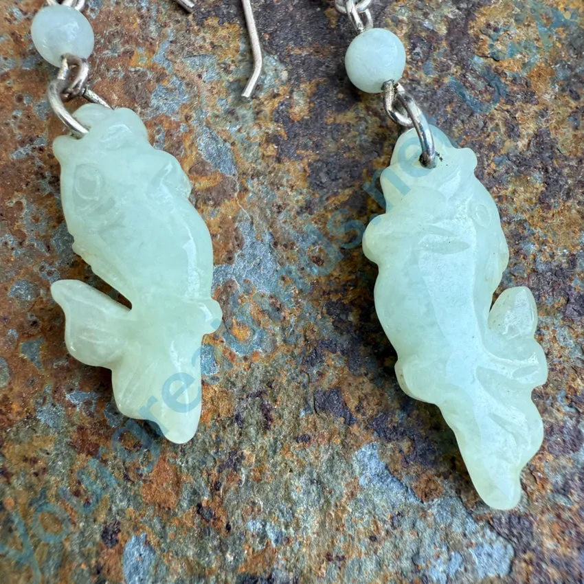 Vintage Sterling Silver & Pale Green Jade Fish Pierced Earrings