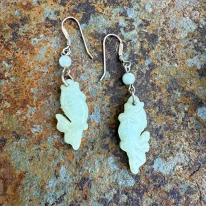 Vintage Sterling Silver & Pale Green Jade Fish Pierced Earrings