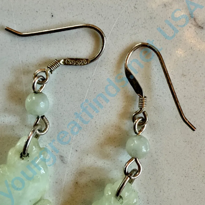 Vintage Sterling Silver & Pale Green Jade Fish Pierced Earrings