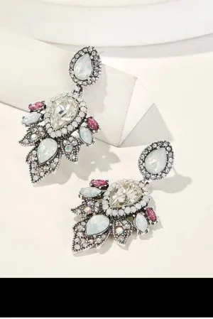 White earrings clear crystal pageant white silver wedding long rhinestone bridal earrings pink iridescent  pierced