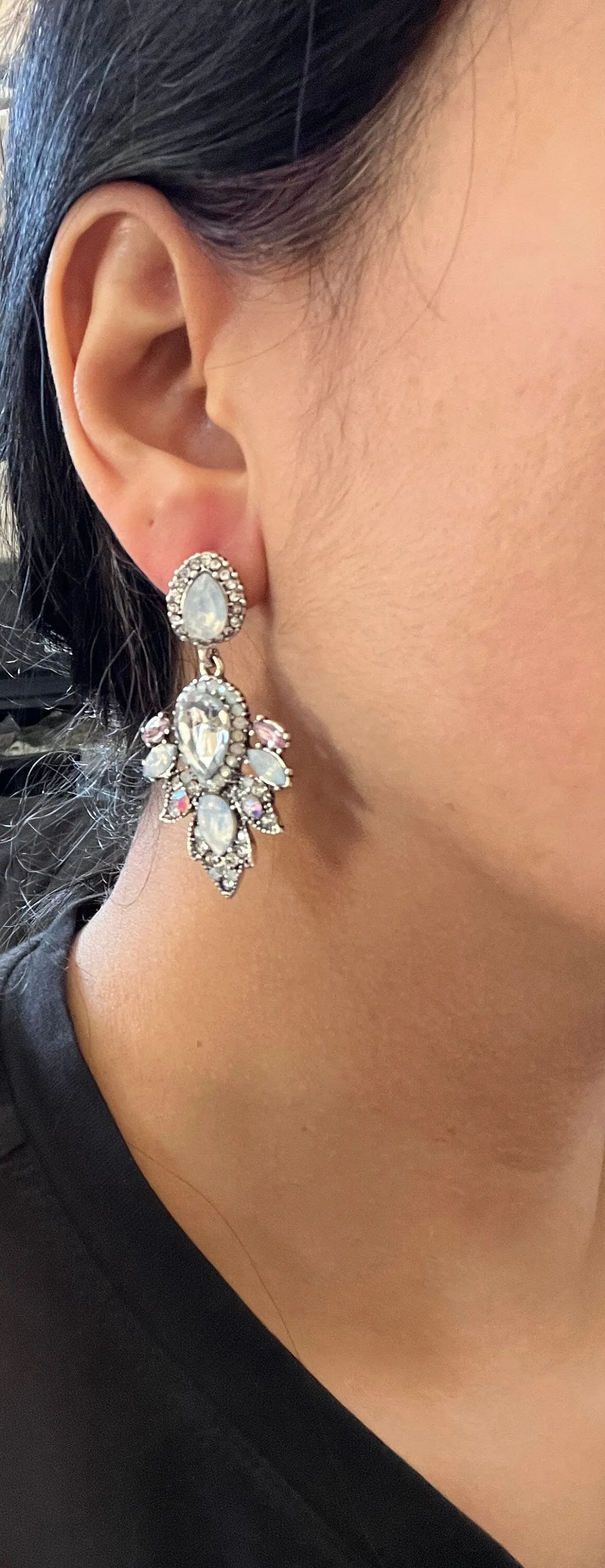 White earrings clear crystal pageant white silver wedding long rhinestone bridal earrings pink iridescent  pierced