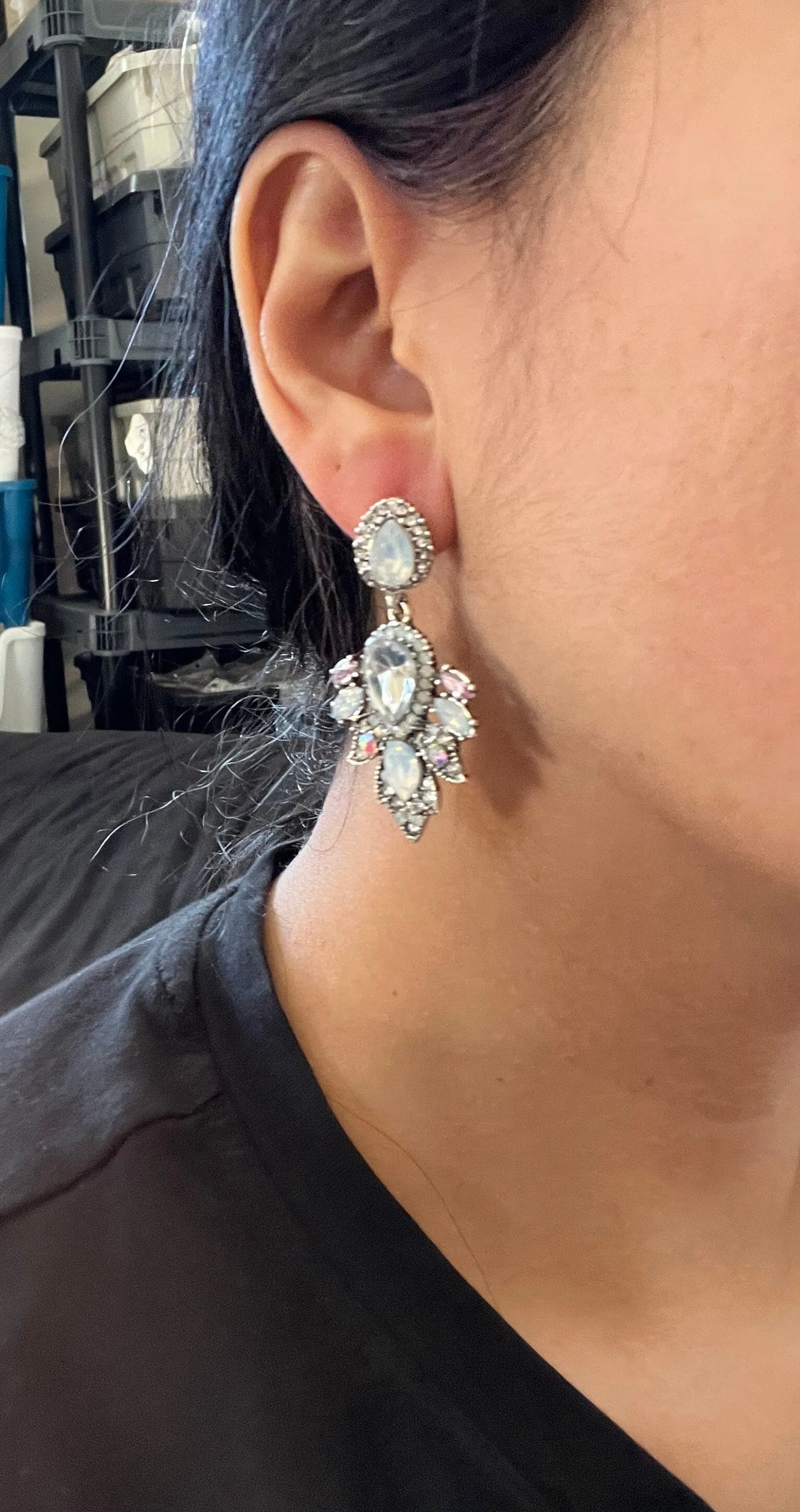 White earrings clear crystal pageant white silver wedding long rhinestone bridal earrings pink iridescent  pierced