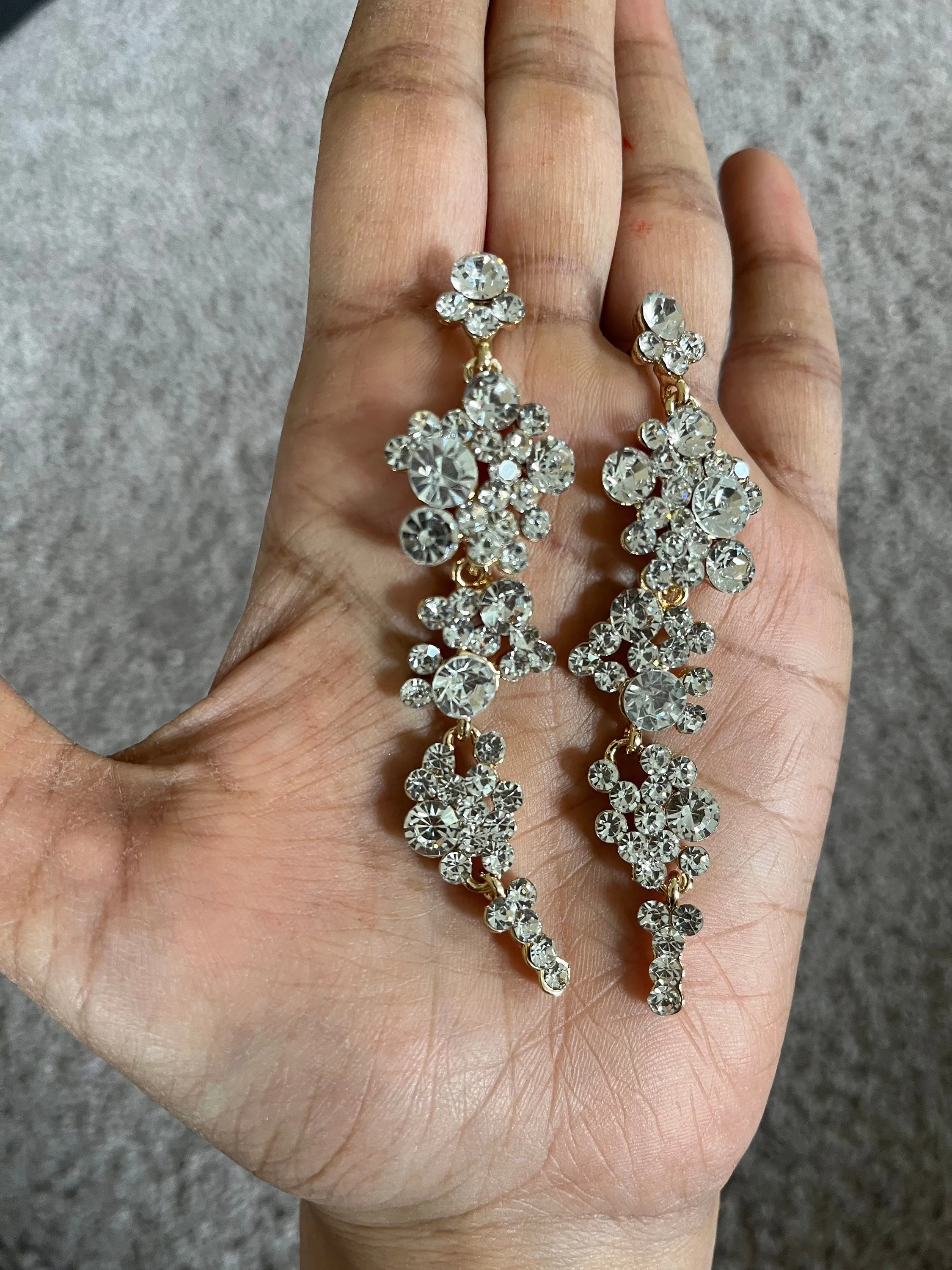 White rhinestone  gold earrings clear long white bridal earrings prom rhinestone crystal pierced earrings