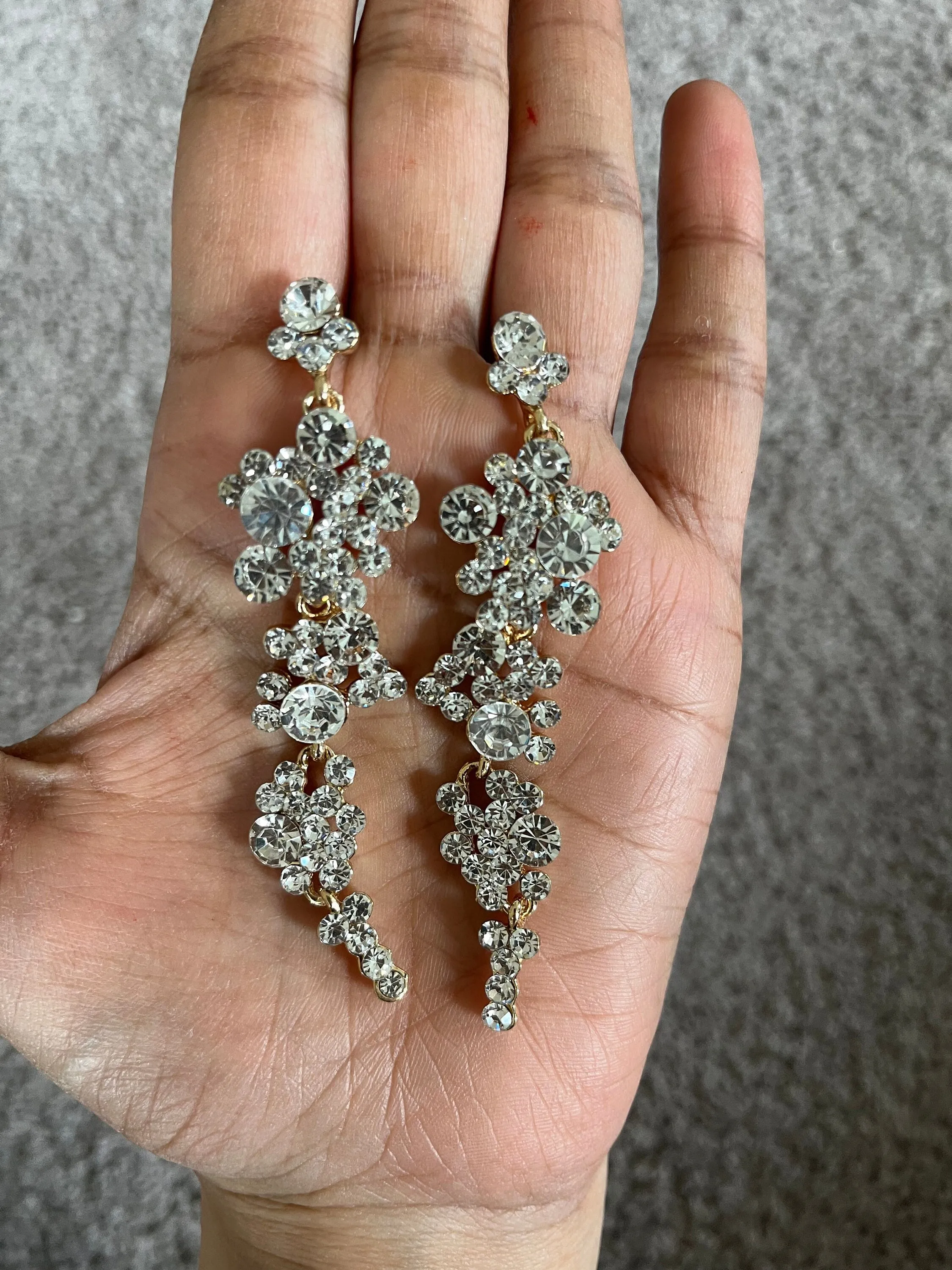 White rhinestone  gold earrings clear long white bridal earrings prom rhinestone crystal pierced earrings