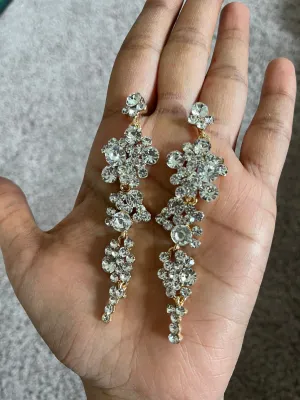 White rhinestone  gold earrings clear long white bridal earrings prom rhinestone crystal pierced earrings