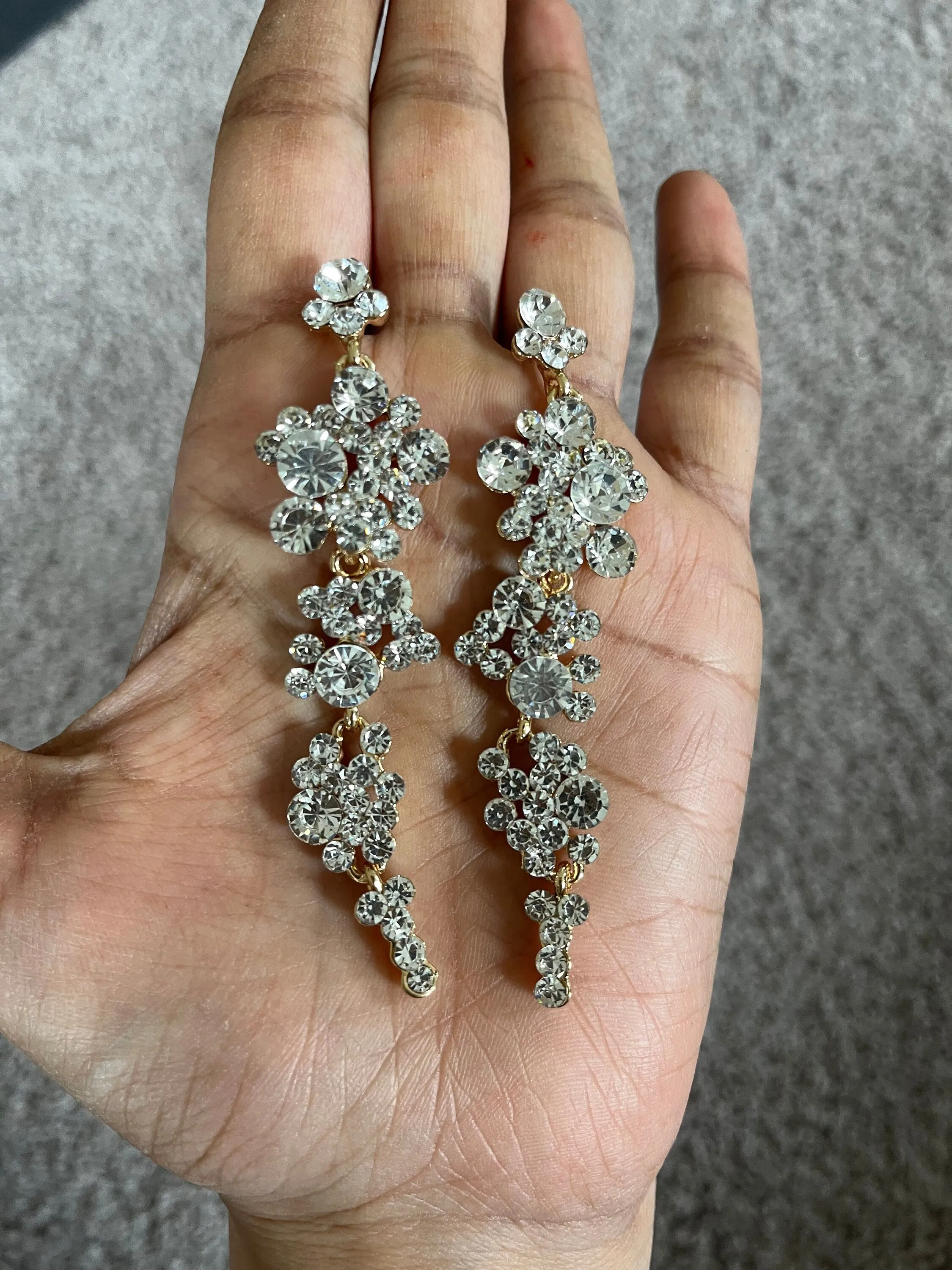 White rhinestone  gold earrings clear long white bridal earrings prom rhinestone crystal pierced earrings