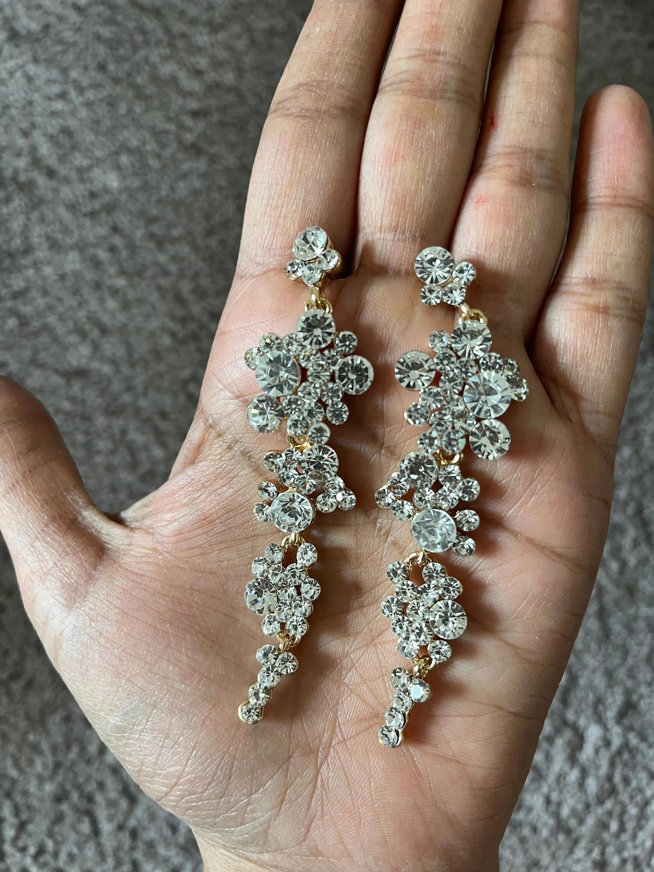 White rhinestone  gold earrings clear long white bridal earrings prom rhinestone crystal pierced earrings