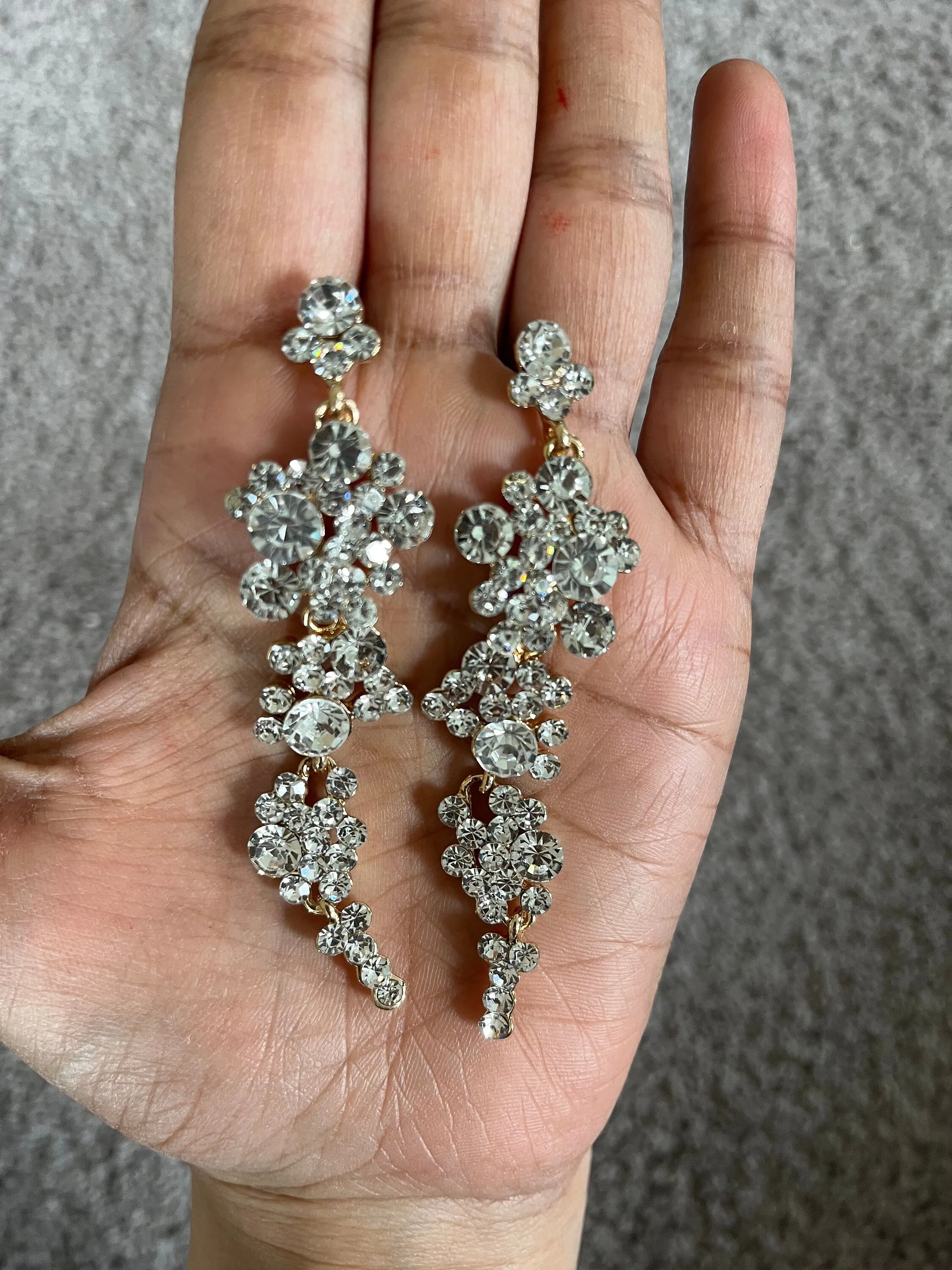 White rhinestone  gold earrings clear long white bridal earrings prom rhinestone crystal pierced earrings