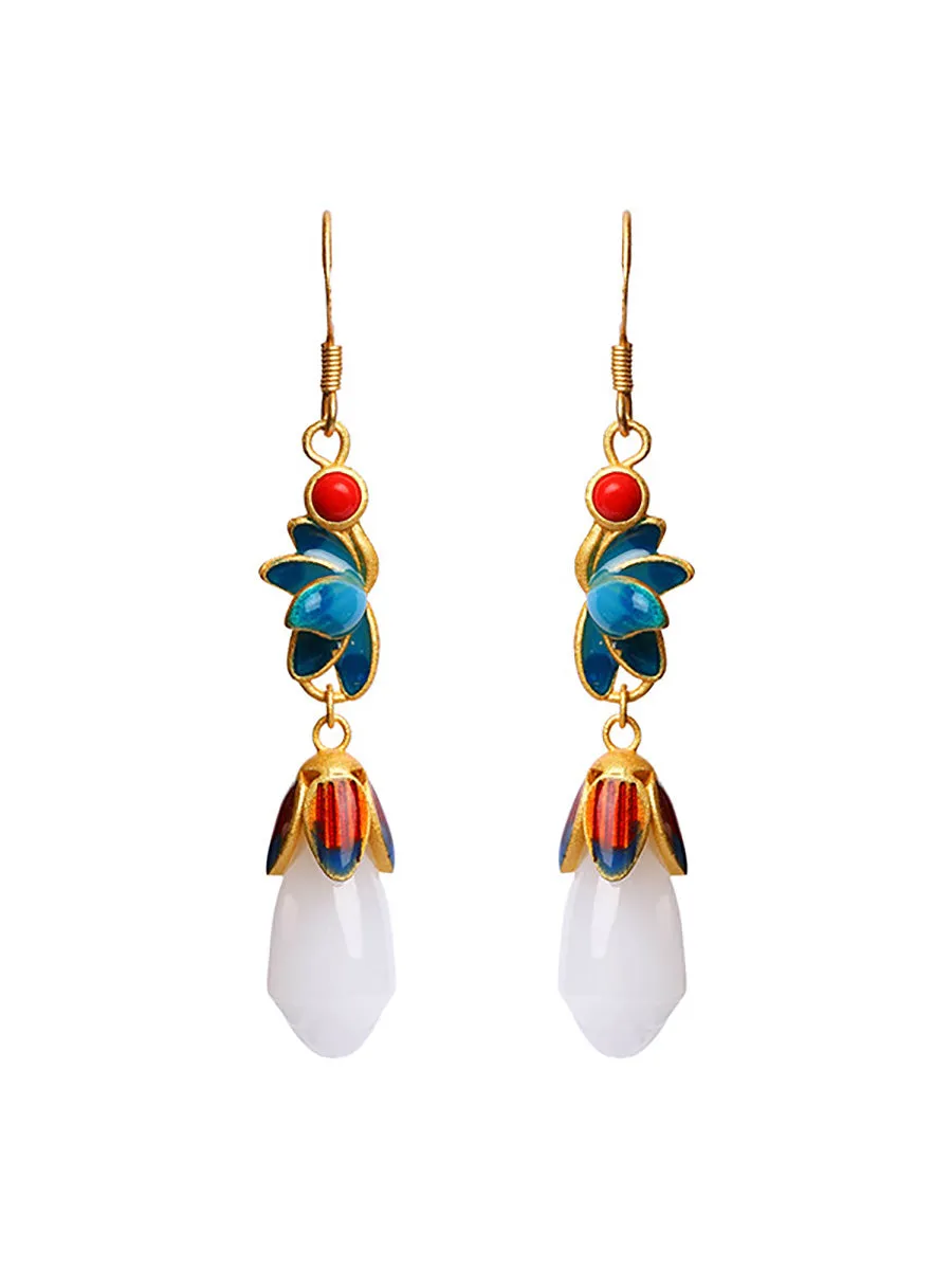 Women Vintage Flower Cloisonne Jade Mangnolia Silver Earrings