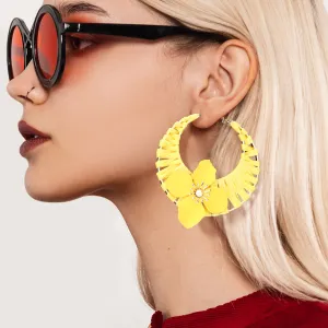 Yellow Flower Accented Raffia Wrapped Fun Fashion Hoop Earrings | Headshot Earrings  |  594516