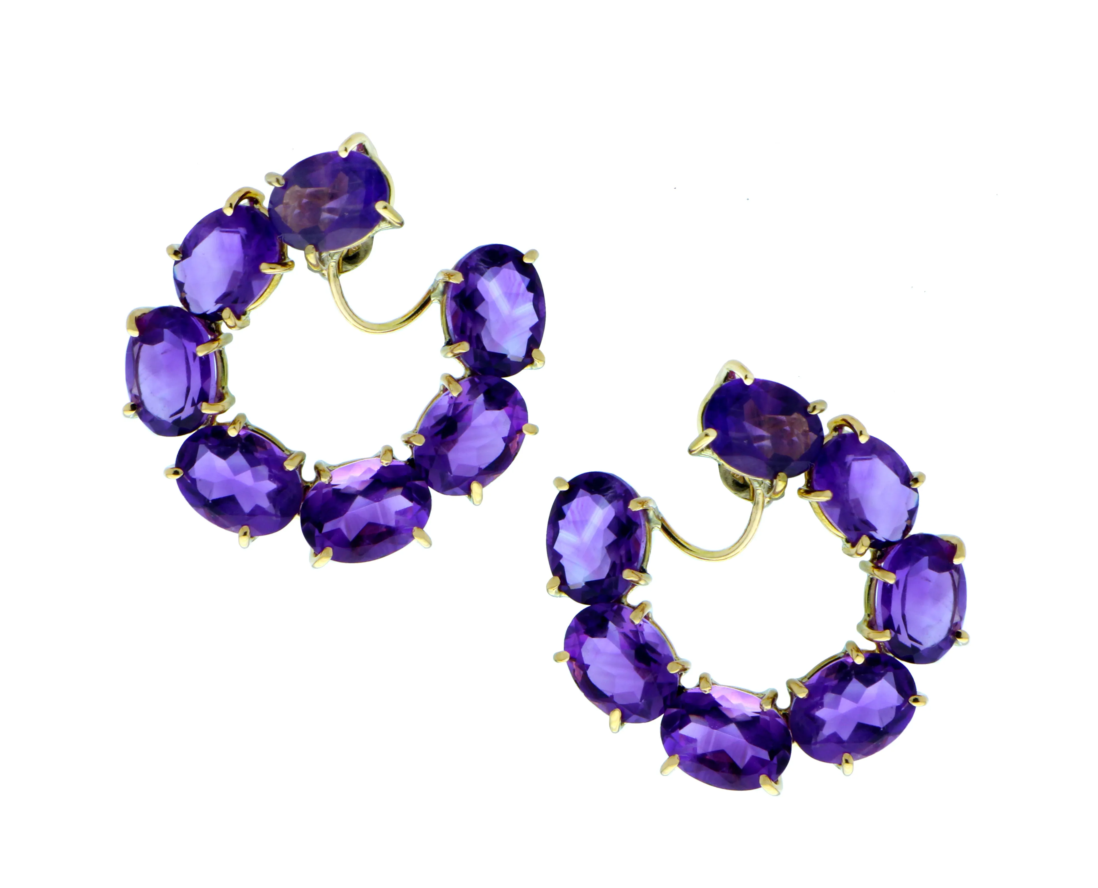 Yellow gold hoop earrings with peridots, amethyst or blue topaz
