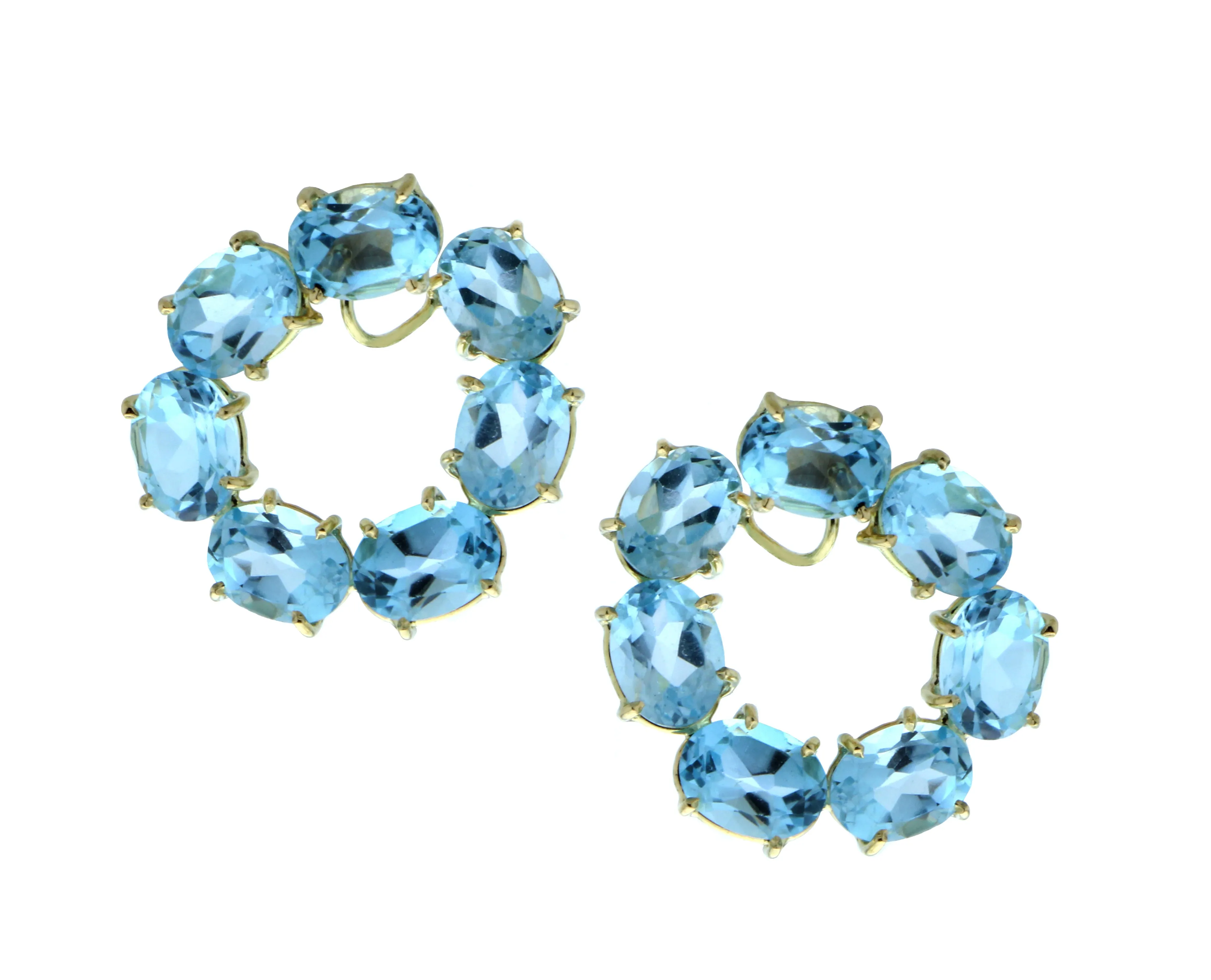 Yellow gold hoop earrings with peridots, amethyst or blue topaz